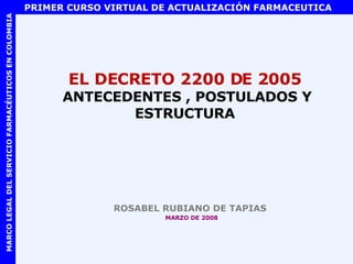 EL DECRETO 2200 DE 2005  ANTECEDENTES , POSTULADOS Y ESTRUCTURA ,[object Object],[object Object],PRIMER CURSO VIRTUAL DE ACTUALIZACIÓN FARMACEUTICA MARCO LEGAL DEL SERVICIO FARMACÉUTICOS EN COLOMBIA   