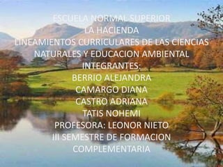 ESCUELA NORMAL SUPERIOR
                 LA HACIENDA
LINEAMIENTOS CURRICULARES DE LAS CIENCIAS
    NATURALES Y EDUCACION AMBIENTAL
                INTEGRANTES:
              BERRIO ALEJANDRA
               CAMARGO DIANA
               CASTRO ADRIANA
                TATIS NOHEMI
         PROFESORA: LEONOR NIETO
        III SEMESTRE DE FORMACION
              COMPLEMENTARIA
 