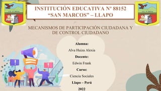 MECANISMOS DE PARTICIPACIÓN CIUDADANA Y
DE CONTROL CIUDADANO
INSTITUCIÓN EDUCATIVA Nº 88152
“SAN MARCOS” – LLAPO
Alumna:
Alva Huiza Alexia
Docente:
Edwin Frank
Curso:
Ciencia Sociales
Llapo – Perú
2022
 