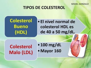 •El nivel normal de
colesterol HDL es
de 40 a 50 mg/dL.
Colesterol
Bueno
(HDL)
•100 mg/dL
•Mayor 160
Colesterol
Malo (LDL)
TIPOS DE COLESTEROL
MISHEL GONZALEZ
 