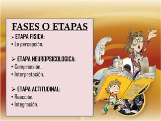 FASES O ETAPAS
 ETAPA

FISICA:
• La percepción.
 ETAPA NEUROPSICOLOGICA:
• Comprensión.
• Interpretación.
 ETAPA ACTITUDINAL:
• Reacción.
• Integración.

 