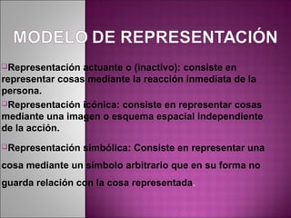 Representación  actuante o (inactivo): consiste en
representar cosas mediante la reacción inmediata de la
persona.
Representación icónica: consiste en representar cosas
mediante una imagen o esquema espacial independiente
de la acción.
Representación   simbólica: Consiste en representar una
cosa mediante un símbolo arbitrario que en su forma no
guarda relación con la cosa representada. 
 