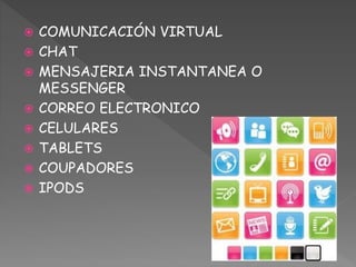  COMUNICACIÓN VIRTUAL
 CHAT
 MENSAJERIA INSTANTANEA O
MESSENGER
 CORREO ELECTRONICO
 CELULARES
 TABLETS
 COUPADORES
 IPODS
 