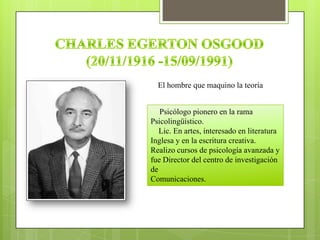 El hombre que maquino la teoría
Psicólogo pionero en la rama
Psicolingüístico.
Lic. En artes, interesado en literatura
Inglesa y en la escritura creativa.
Realizo cursos de psicología avanzada y
fue Director del centro de investigación
de
Comunicaciones.
 