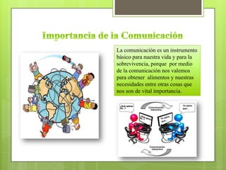 La comunicación es un instrumento
básico para nuestra vida y para la
sobrevivencia, porque por medio
de la comunicación nos valemos
para obtener alimentos y nuestras
necesidades entre otras cosas que
nos son de vital importancia.
 