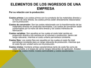 ELEMENTOS DE LOS INGRESOS DE UNA
EMPRESA
Por su relación con la producción:
Costos primos: Los costos primos son la sumatoria de los materiales directos y
la mano de obra directa, los costos primos están directamente relacionados
con la producción.
Costos de conversión: Son los costos relacionado con la transformación de los
materiales directos en productos terminados. Los costos de conversión están
conformados por la mano de obra directa y los costos indirectos de
fabricación.
Costos variables: Son aquellos en los cuales el costo total cambia en
proporción directa a los cambios en el volumen o producción, dentro del
rango relevante, mientras el costo unitario permanece constante.
Costos fijos: Los costos fijos son aquellos en los cuales el costo fijo total
permanece constante para un rango relevante de producción, mientras que
el costo fijo por unidad varía con la producción.
Costos mixtos: Contiene ambas características tanto de costo fijo como de
costo variable, a lo largos de varios rangos relevantes de operación. Existen
2 tipos de costos mixtos: Costos semivariable y costos escalonados.
 