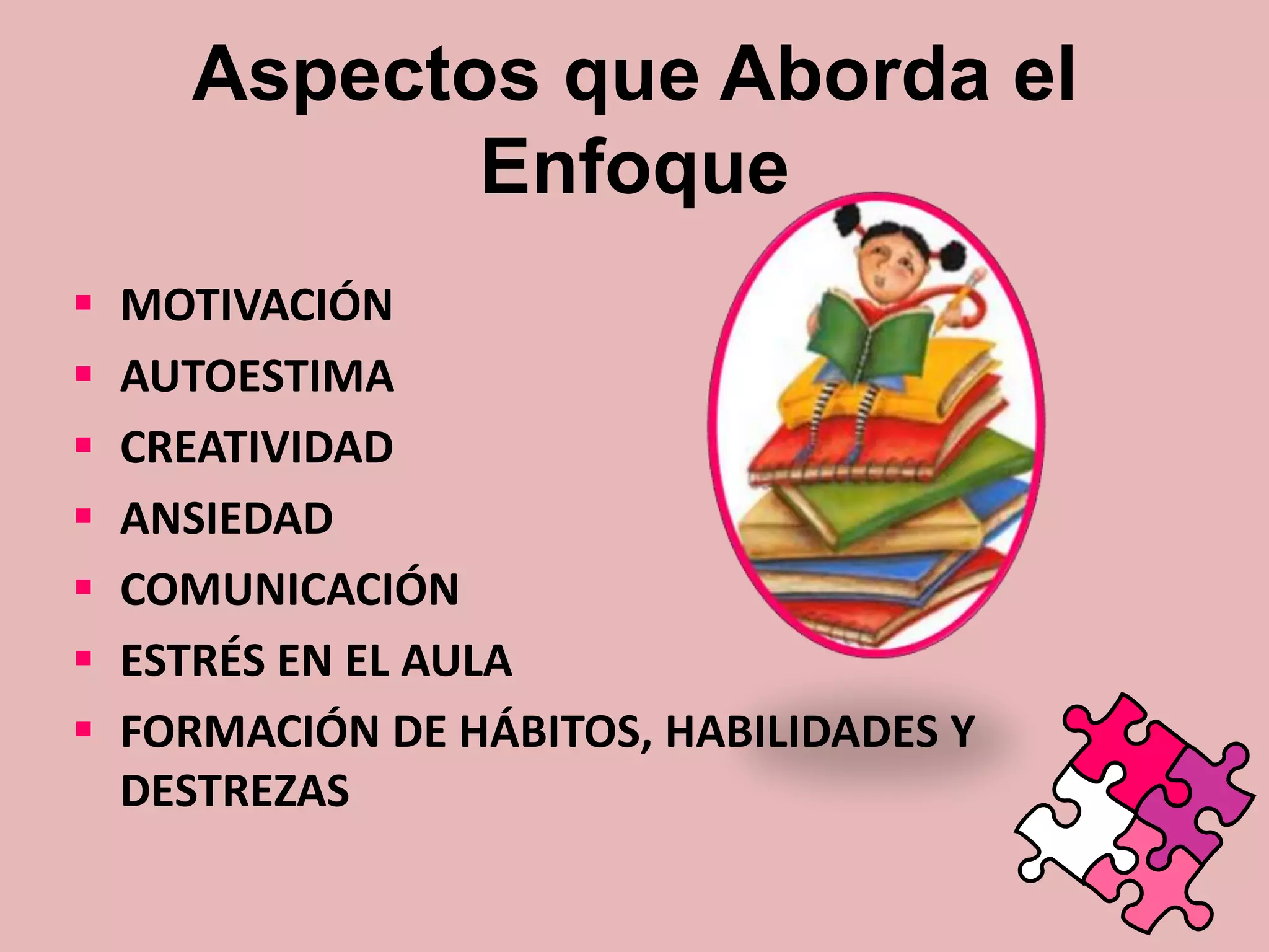 Aspectos que Aborda el
Enfoque








MOTIVACIÓN
AUTOESTIMA
CREATIVIDAD
ANSIEDAD
COMUNICACIÓN
ESTRÉS EN EL AULA
FORMACIÓN DE HÁBITOS, HABILIDADES Y
DESTREZAS

 