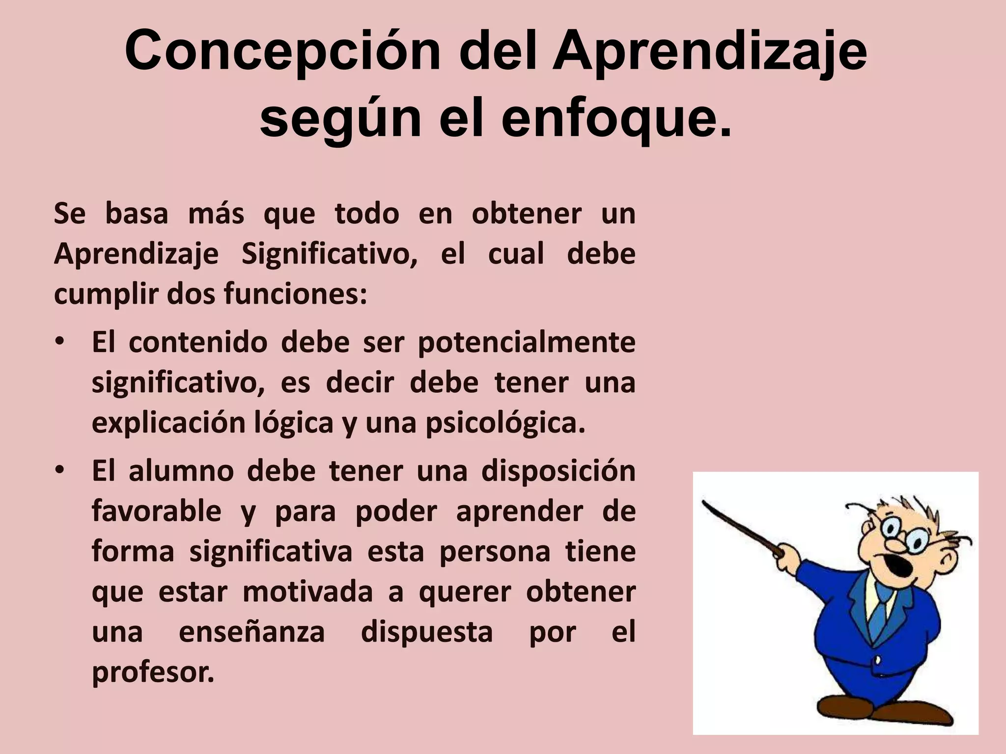 Concepción del Aprendizaje
según el enfoque.
Se basa más que todo en obtener un
Aprendizaje Significativo, el cual debe
cumplir dos funciones:
• El contenido debe ser potencialmente
significativo, es decir debe tener una
explicación lógica y una psicológica.
• El alumno debe tener una disposición
favorable y para poder aprender de
forma significativa esta persona tiene
que estar motivada a querer obtener
una enseñanza dispuesta por el
profesor.

 