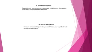 1. El contrato de suplencia
Es aquel contrato celebrado entre un empleador y un trabajador con el objeto que este
sustituya a un trabajador estable de la empresa
1. El contrato de emergencia
Para cubrir las necesidades promovidas por caso fortuito o fuerza mayor. Su duración
coincidirá con la emergencia
 