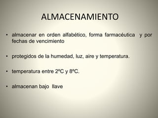 ALMACENAMIENTO
• almacenar en orden alfabético, forma farmacéutica y por
fechas de vencimiento
• protegidos de la humedad, luz, aire y temperatura.
• temperatura entre 2ºC y 8ºC.
• almacenan bajo llave
 