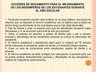 1. Terminado el periodo escolar cada profesor en su área elabora unas guías de refuerzo que se adjuntan al informe académico, con el objetivo que el padre de familia tenga conocimiento de las actividades que su hijo debe desarrollar. 2. Fijar las fechas y crear un espacio para que los estudiantes recuperen estas dificultades y no se acumulen para final de año (por periodo). 3. Crear un espacio de atención a padres de familia para a dar a conocer avances y dificultades de los estudiantes teniendo en cuenta el observador del estudiante. 4. El informe académico y disciplinario debe tener un espacio de 10 minutos donde interactúe el estudiante, padre de familia y el docente (colegio abierto). 5. Crear un acta de compromiso entre estudiantes, padres de familia y el docente. 6. El informe académico se debe entregar con anticipación al profesor para que se pueda analizar detenidamente avances y dificultades de los estudiantes y realizar las respectivas observaciones.  ACCIONES DE SEGUIMIENTO PARA EL MEJORAMIENTO DE LOS DESEMPEÑOS DE LOS ESTUDIANTES DURANTE EL AÑO ESCOLAR 
