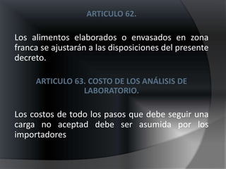 ARTICULO 62.

Los alimentos elaborados o envasados en zona
franca se ajustarán a las disposiciones del presente
decreto.

     ARTICULO 63. COSTO DE LOS ANÁLISIS DE
                LABORATORIO.

Los costos de todo los pasos que debe seguir una
carga no aceptad debe ser asumida por los
importadores
 