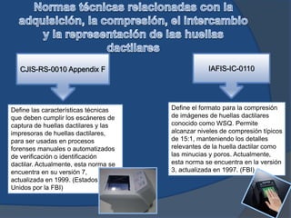 CJIS-RS-0010 Appendix F IAFIS-IC-0110
Define las características técnicas
que deben cumplir los escáneres de
captura de huellas dactilares y las
impresoras de huellas dactilares,
para ser usadas en procesos
forenses manuales o automatizados
de verificación o identificación
dactilar. Actualmente, esta norma se
encuentra en su versión 7,
actualizada en 1999. (Estados
Unidos por la FBI)
Define el formato para la compresión
de imágenes de huellas dactilares
conocido como WSQ. Permite
alcanzar niveles de compresión típicos
de 15:1, manteniendo los detalles
relevantes de la huella dactilar como
las minucias y poros. Actualmente,
esta norma se encuentra en la versión
3, actualizada en 1997. (FBI)
 