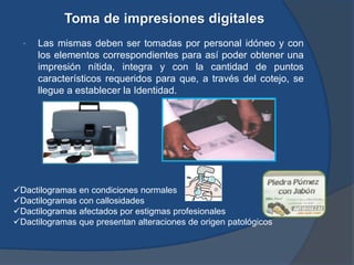 • Las mismas deben ser tomadas por personal idóneo y con
los elementos correspondientes para así poder obtener una
impresión nítida, integra y con la cantidad de puntos
característicos requeridos para que, a través del cotejo, se
llegue a establecer la Identidad.
Dactilogramas en condiciones normales
Dactilogramas con callosidades
Dactilogramas afectados por estigmas profesionales
Dactilogramas que presentan alteraciones de origen patológicos
 