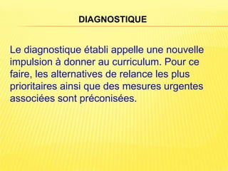DIAGNOSTIQUE


Le diagnostique établi appelle une nouvelle
impulsion à donner au curriculum. Pour ce
faire, les alternatives de relance les plus
prioritaires ainsi que des mesures urgentes
associées sont préconisées.
 