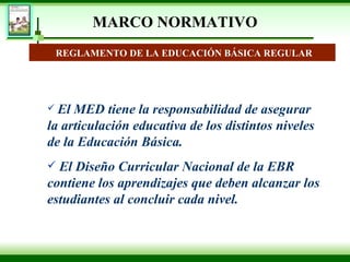 MARCO NORMATIVO REGLAMENTO DE LA EDUCACIÓN BÁSICA REGULAR El MED tiene la responsabilidad de asegurar la articulación educativa de los distintos niveles de la Educación Básica.  El Diseño Curricular Nacional de la EBR contiene los aprendizajes que deben alcanzar los estudiantes al concluir cada nivel. 
