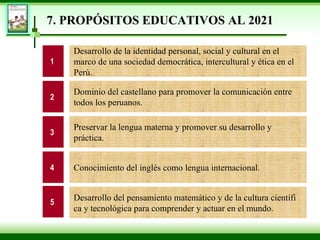 7 . PROPÓSITOS EDUCATIVOS AL 2021 Desarrollo de la identidad personal, social y cultural en el marco de una sociedad democrática, intercultural y ética en el Perú. Dominio del castellano para promover la comunicación entre todos los peruanos. Preservar la lengua materna y promover su desarrollo y práctica . Conocimiento del inglés como lengua internacional . Desarrollo del pensamiento matemático y de la cultura científi ca y tecnológica para comprender y actuar en el mundo . 1 2 3 4 5 