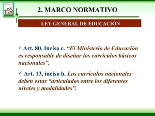 2. MARCO NORMATIVO LEY GENERAL DE EDUCACIÓN Art. 80, Inciso c.  “El Ministerio de Educación es responsable de diseñar los currículos básicos nacionales”.  Art. 13, inciso b.  Los currículos nacionales deben estar “articulados entre los diferentes niveles y modalidades”.   