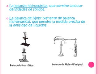 La balanza hidrostática, que permite calcular densidades de sólidos.La balanza de Mohr (variante de balanza hidrostática), que permite la medida precisa de la densidad de líquidos.balanza de Mohr-WestphalBalanza hidrostática
