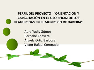 PERFIL DEL PROYECTO “ORIENTACION Y
  CAPACITACIÓN EN EL USO EFICAZ DE LOS
PLAGUICIDAS EN EL MUNICIPIO DE DABEIBA”

     Aura Yudis Gómez
     Bernabé Chavera
     Ángela Ortiz Barbosa
     Víctor Rafael Coronado
 