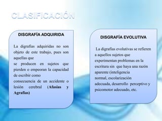 DISGRAFÍA ADQUIRIDA
La digrafías adquiridas no son
objeto de este trabajo, pues son
aquellas que
se producen en sujetos que
pierden o empeoran la capacidad
de escribir como
consecuencia de un accidente o
lesión cerebral (Afasias y
Agrafias)
DISGRAFÍA EVOLUTIVA
La digrafías evolutivas se refieren
a aquellos sujetos que
experimentan problemas en la
escritura sin que haya una razón
aparente (inteligencia
normal, escolarización
adecuada, desarrollo perceptivo y
psicomotor adecuado, etc.
 