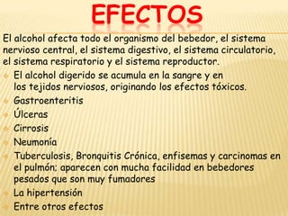 EFECTOS
El alcohol afecta todo el organismo del bebedor, el sistema
nervioso central, el sistema digestivo, el sistema circulatorio,
el sistema respiratorio y el sistema reproductor.
 El alcohol digerido se acumula en la sangre y en
   los tejidos nerviosos, originando los efectos tóxicos.
 Gastroenteritis

 Úlceras

 Cirrosis

 Neumonía

 Tuberculosis, Bronquitis Crónica, enfisemas y carcinomas en
   el pulmón; aparecen con mucha facilidad en bebedores
   pesados que son muy fumadores
 La hipertensión

 Entre otros efectos
 