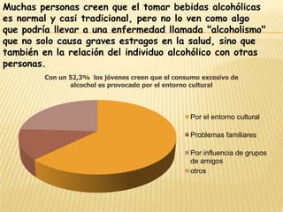 Muchas personas creen que el tomar bebidas alcohólicas
es normal y casi tradicional, pero no lo ven como algo
que podría llevar a una enfermedad llamada "alcoholismo"
que no solo causa graves estragos en la salud, sino que
también en la relación del individuo alcohólico con otras
personas.
         Con un 52,3% los jóvenes creen que el consumo excesivo de
                alcochol es provocado por el entorno cultural




                                                   Por el entorno cultural

                                                   Problemas familiares

                                                   Por influencia de grupos
                                                   de amigos
                                                   otros
 