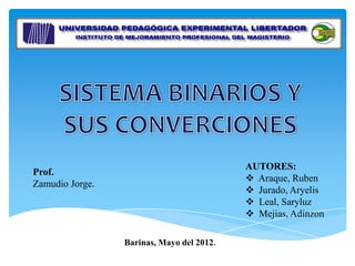 AUTORES:
Prof.
                                            Araque, Ruben
Zamudio Jorge.
                                            Jurado, Aryelis
                                            Leal, Saryluz
                                            Mejias, Adinzon

                 Barinas, Mayo del 2012.
 