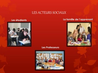 LES ACTEURS SOCIAUX
Les étudiants La famille de l’apprenant
Les Professeurs
 