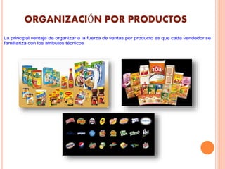 ORGANIZACIÓN POR PRODUCTOS
La principal ventaja de organizar a la fuerza de ventas por producto es que cada vendedor se
familiariza con los atributos técnicos
 