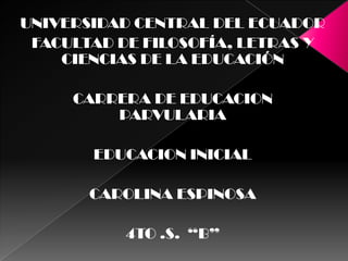UNIVERSIDAD CENTRAL DEL ECUADOR
 FACULTAD DE FILOSOFÍA, LETRAS Y
    CIENCIAS DE LA EDUCACIÓN

     CARRERA DE EDUCACION
         PARVULARIA

       EDUCACION INICIAL

       CAROLINA ESPINOSA

           4TO .S. “B”
 