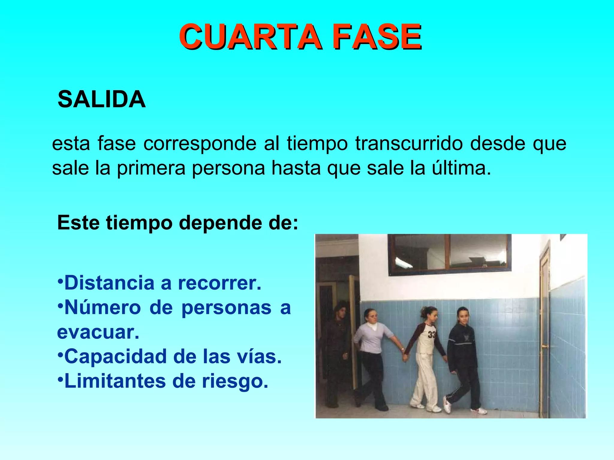 CUARTA FASE
SALIDA
esta fase corresponde al tiempo transcurrido desde que
sale la primera persona hasta que sale la última.

Este tiempo depende de:

•Distancia a recorrer.
•Número de personas a
evacuar.
•Capacidad de las vías.
•Limitantes de riesgo.
 