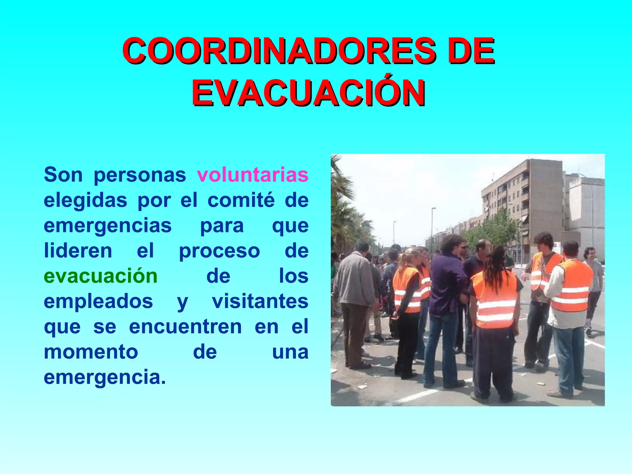 COORDINADORES DE
          EVACUACIÓN

Son personas voluntarias
elegidas por el comité de
emergencias para que
lideren el proceso de
evacuación      de     los
empleados y visitantes
que se encuentren en el
momento       de      una
emergencia.
 