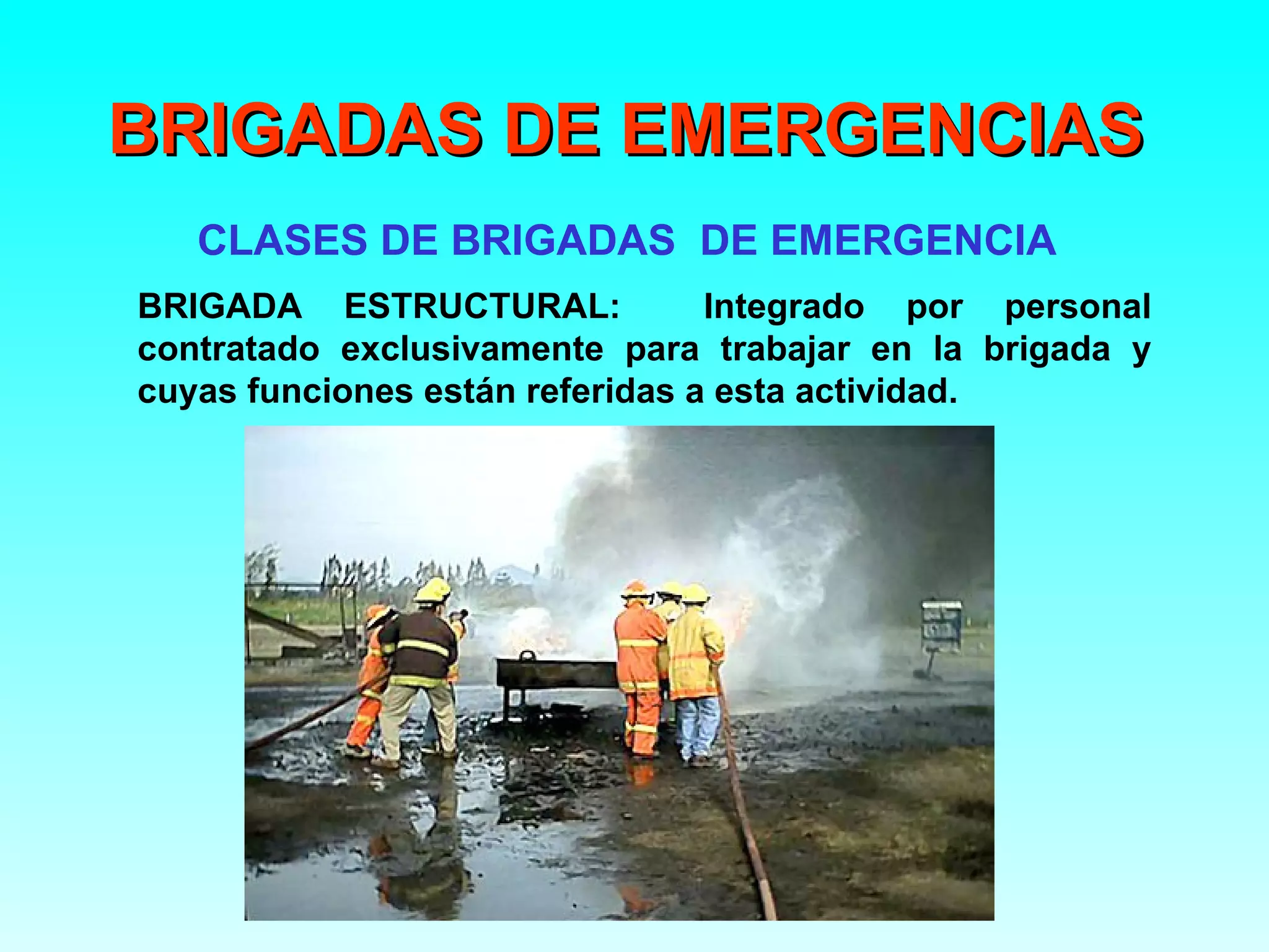 BRIGADAS DE EMERGENCIAS
   CLASES DE BRIGADAS DE EMERGENCIA
BRIGADA ESTRUCTURAL:             Integrado por personal
contratado exclusivamente para trabajar en la brigada y
cuyas funciones están referidas a esta actividad.
 
