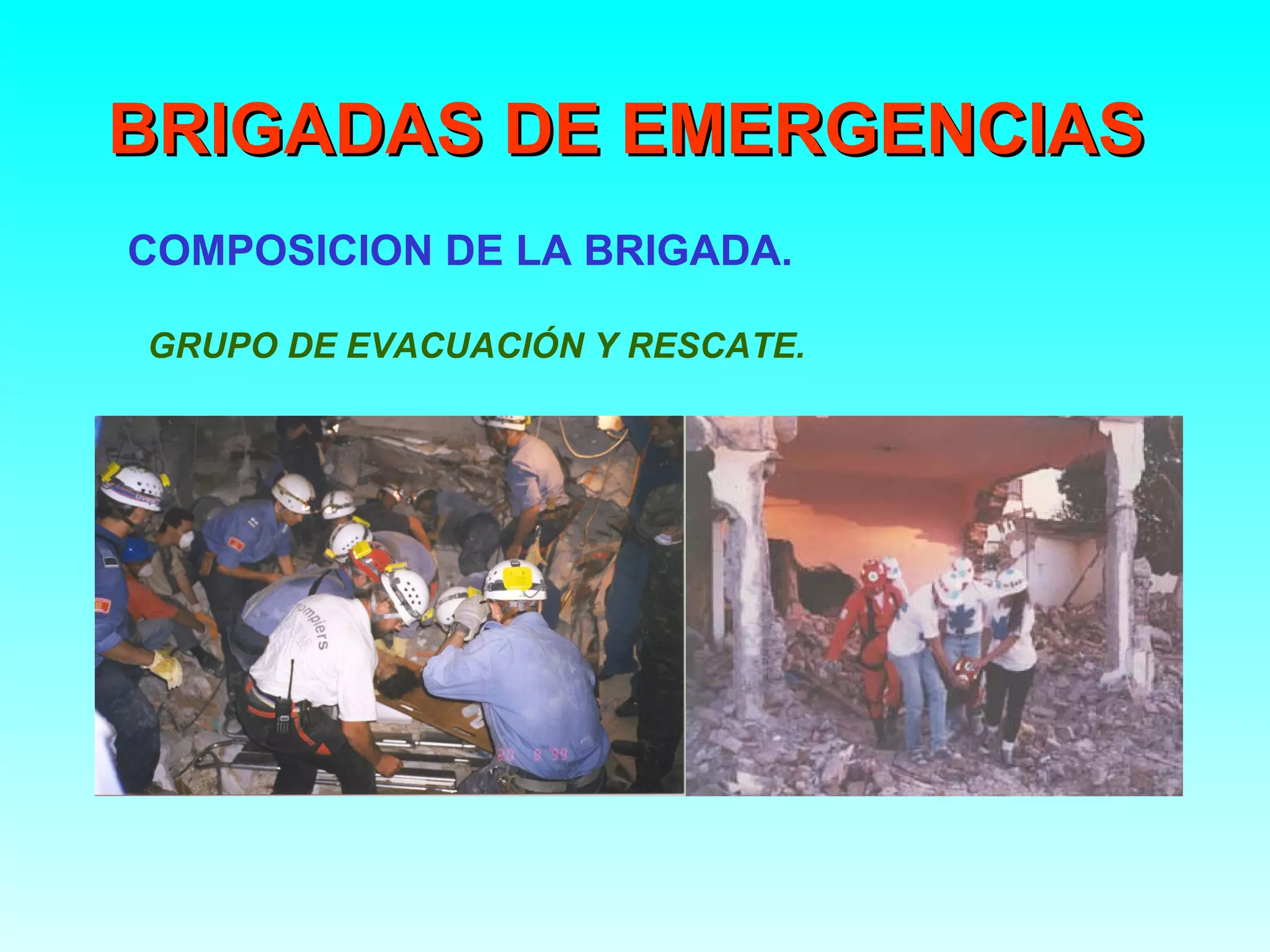 BRIGADAS DE EMERGENCIAS
COMPOSICION DE LA BRIGADA.

GRUPO DE EVACUACIÓN Y RESCATE.
 