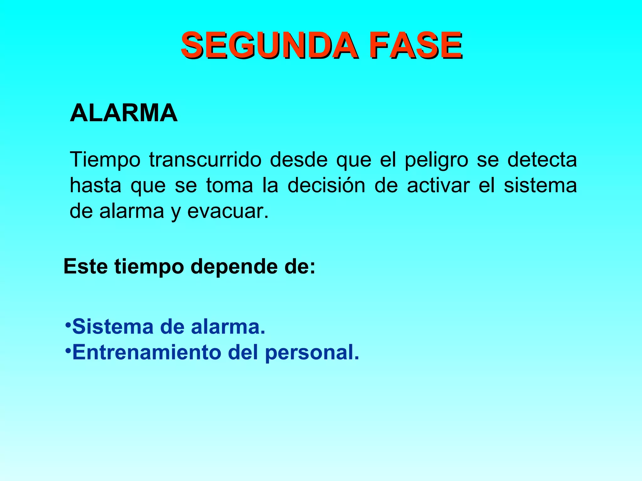 SEGUNDA FASE
ALARMA
Tiempo transcurrido desde que el peligro se detecta
hasta que se toma la decisión de activar el sistema
de alarma y evacuar.

Este tiempo depende de:

•Sistema de alarma.
•Entrenamiento del personal.
 