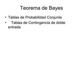 Teorema de Bayes Tablas de Probabilidad Conjunta Tablas de Contingencia de doble entrada