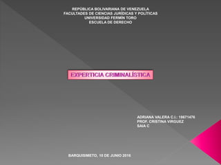 REPÚBLICA BOLIVARIANA DE VENEZUELA
FACULTADES DE CIENCIAS JURÍDICAS Y POLÍTICAS
UNIVERSIDAD FERMÍN TORO
ESCUELA DE DERECHO
ADRIANA VALERA C.I.: 18671476
PROF. CRISTINA VIRGUEZ
SAIA C
BARQUISIMETO, 10 DE JUNIO 2016
 