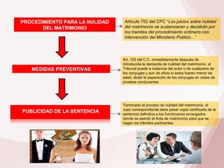 PROCEDIMIENTO PARA LA NULIDAD
DEL MATRIMONIO
Artículo 752 del CPC “Los juicios sobre nulidad
del matrimonio se sustanciaran y decidirán por
los tramites del procedimiento ordinario con
intervención del Ministerio Publico…”
Terminado el proceso de nulidad del matrimonio, el
Juez correspondiente debe pasar copia certificada de la
sentencia definitiva a los funcionarios encargados
donde se asentó el Acta de matrimonio para que se
hagan los trámites pertinentes
Art. 125 del C.C, inmediatamente después de
introducida la demanda de nulidad del matrimonio, el
Tribunal puede a instancia del actor o de cualquiera de
los cónyuges y aun de oficio si estos fueren menor de
edad, dictar la separación de los cónyuges en vistas de
pruebas conducentes
:
PPUBLICIDAD DE LA SENTENCIA
MEDIDAS PREVENTIVASMEDIDAS PREVENTIVAS
 