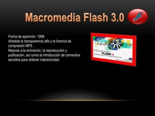 Fecha de aparición: 1998.
Añadida la transparencia alfa y la licencia de
compresión MP3 .
Mejoras a la animación, la reproducción y
publicación, así como la introducción de comandos
sencillos para obtener interactividad.
 