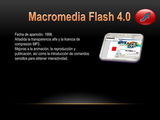 Fecha de aparición: 1998.
Añadida la transparencia alfa y la licencia de
compresión MP3 .
Mejoras a la animación, la reproducción y
publicación, así como la introducción de comandos
sencillos para obtener interactividad.
 