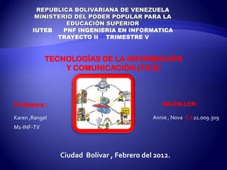 TECNOLOGÍAS DE LA INFORMACIÓN
                Y COMUNICACIÓN (TICS)



Profesora :                                    BACHILLER:

Karen ,Rangel                               Annie , Nova C.I:21.009.309
M1-INF-TV




                Ciudad Bolívar , Febrero del 2012.
 