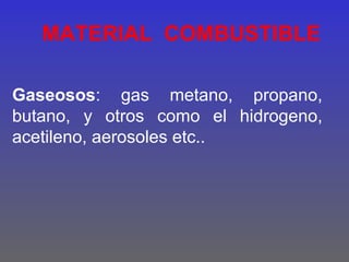 MATERIAL COMBUSTIBLE

Gaseosos: gas metano, propano,
butano, y otros como el hidrogeno,
acetileno, aerosoles etc..
 