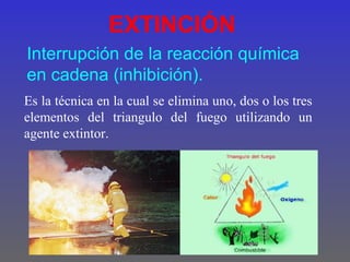 EXTINCIÓN
Interrupción de la reacción química
en cadena (inhibición).
Es la técnica en la cual se elimina uno, dos o los tres
elementos del triangulo del fuego utilizando un
agente extintor.
 