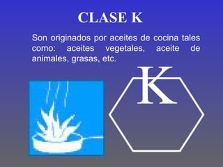 CLASE K
Son originados por aceites de cocina tales
como: aceites vegetales, aceite de
animales, grasas, etc.



                          K
 