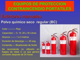 EQUIPOS DE PROTECCION
      CONTRAINCENDIO PORTATILES
Extintores manuales
Polvo químico seco regular (BC)
Color ---------- Rojo
Capacidad --- 5, 10, 20 y 30 Libras
Alcance ------- 1 a 3 metros
Duración de descarga ----- 45 seg.
Contenido --- Bicarbonato de Sodio
Se recomienda no utilizarlo en
fuegos de clase C ya que genera
corrosión después de 24 horas.
 