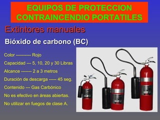 EQUIPOS DE PROTECCION
      CONTRAINCENDIO PORTATILES
Extintores manuales
Bióxido de carbono (BC)
Color ---------- Rojo
Capacidad --- 5, 10, 20 y 30 Libras
Alcance ------- 2 a 3 metros
Duración de descarga ----- 45 seg.
Contenido --- Gas Carbónico
No es efectivo en áreas abiertas.
No utilizar en fuegos de clase A.
 