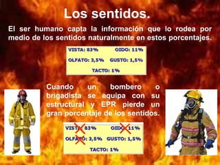 Los sentidos.
El ser humano capta la información que lo rodea por
medio de los sentidos naturalmente en estos porcentajes.




          Cuando     un    bombero      o
          brigadista se equipa con su
          estructural y EPR pierde un
          gran porcentaje de los sentidos.
 