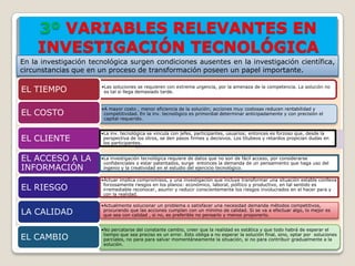 3º VARIABLES RELEVANTES EN
     INVESTIGACIÓN TECNOLÓGICA
En la investigación tecnológica surgen condiciones ausentes en la investigación científica,
circunstancias que en un proceso de transformación poseen un papel importante.

EL TIEMPO              •Las soluciones se requieren con extrema urgencia, por la amenaza de la competencia. La solución no
                        es tal si llega demasiado tarde.


                       •A mayor costo , menor eficiencia de la solución; acciones muy costosas reducen rentabilidad y
EL COSTO                competitividad. En la inv. tecnológico es primordial determinar anticipadamente y con precisión el
                        capital requerido.


                       •La inv. tecnológica se vincula con jefes, participantes, usuarios; entonces es forzoso que, desde la
EL CLIENTE              perspectiva de los otros, se den pasos firmes y decisivos. Los titubeos y retardos propician dudas en
                        los participantes.


EL ACCESO A LA         •La investigación tecnológica requiere de datos que no son de fácil acceso, por considerarse
                        confidenciales o estar patentados, surge entonces la demanda de un pensamiento que haga uso del
INFORMACIÓN             ingenio y la creatividad en el estudio del ejercicio tecnológico.

                       •Actuar implica compromisos, y una investigación que incluye transformar una situación estable conlleva
EL RIESGO               forzosamente riesgos en los planos: económico, laboral, político y productivo, en tal sentido es
                        irremediable reconocer, asumir y reducir conscientemente los riesgos involucrados en el hacer para y
                        con la realidad.

                       •Actualmente solucionar un problema o satisfacer una necesidad demanda métodos competitivos,
LA CALIDAD              procurando que las acciones cumplan con un mínimo de calidad. Si se va a efectuar algo, lo mejor es
                        que sea con calidad , si no, es preferible no pensarlo y menos proponerlo.


                       •No percatarse del constante cambio, creer que la realidad es estática y que todo habrá de esperar el
EL CAMBIO               tiempo que sea preciso es un error. Esto obliga a no esperar la solución final, sino, optar por soluciones
                        parciales, no para para salvar momentáneamente la situación, si no para contribuir gradualmente a la
                        solución.
 