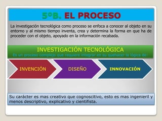 5ºB. EL PROCESO
La investigación tecnológica como proceso se enfoca a conocer al objeto en su
entorno y al mismo tiempo inventa, crea y determina la forma en que ha de
proceder con el objeto, apoyado en la información recabada.


              INVESTIGACIÓN TECNOLÓGICA
 Es un proceso complejo que requiere integrar en su quehacer la lógica de:



     INVENCIÓN                 DISEÑO                 INNOVACIÓN




Su carácter es mas creativo que cognoscitivo, esto es mas ingenieril y
menos descriptivo, explicativo y cientifista.
 